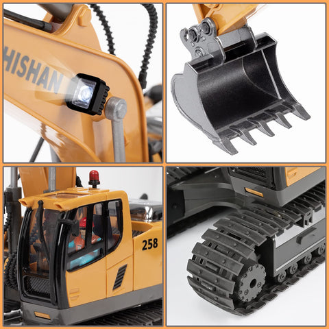 Toy excavator close-up: yellow plastic body with an LED light on the side
Toy excavator bucket close-up: gray bucket with sharp teeth on a yellow body
Toy RC excavator front cab view: yellow body with driver figure and red beacon
Toy excavator track close-up: black crawler tracks on the yellow undercarriage