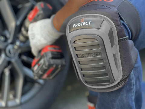 Person wearing Gel Knee Pads For Work Heavy Duty Anti Slip Knee Protection For Construction Tiling Flooring Roofing And Gardening