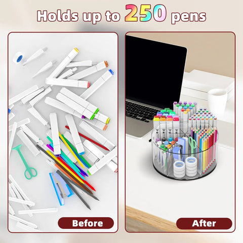 Before and after of desk with Clear Acrylic Marker Organizer With 360 Degree Rotating Pencil And Crayon Holder, 250 Piece Set