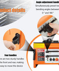 Built Tough Electric Rebar Bender Crushes 6 To 25 Millimeter Steel Bars With Ridiculously Fast 0 To 180 Degree Adjustments Plus Super Quick 110 Volt Bench Top Setup Featuring Nifty Foot Pedal Control showing angle adjustment handle and sturdy handles.
