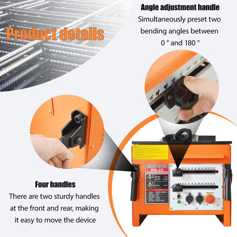 Built Tough Electric Rebar Bender Crushes 6 To 25 Millimeter Steel Bars With Ridiculously Fast 0 To 180 Degree Adjustments Plus Super Quick 110 Volt Bench Top Setup Featuring Nifty Foot Pedal Control showing angle adjustment handle and sturdy handles.