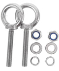 Heavy Duty M10x60 Stainless Steel Eyebolt Hook Bolts With Flat And Spring Washers, includes eyebolts and washers for anchoring.