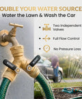 Heavy Duty Two Way Hose Splitter Brass Lead Free With Extra Long Butterfly Valves And On Off Easy Grip Handles Garden Hose Connector For Faucet And Spigot Includes Washers And Teflon Tape Dual Outlet Adapter brass splitter on outdoor faucet with two hoses and independent valves