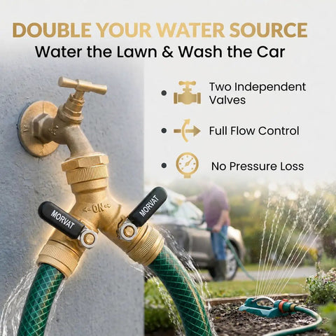 Heavy Duty Two Way Hose Splitter Brass Lead Free With Extra Long Butterfly Valves And On Off Easy Grip Handles Garden Hose Connector For Faucet And Spigot Includes Washers And Teflon Tape Dual Outlet Adapter brass splitter on outdoor faucet with two hoses and independent valves