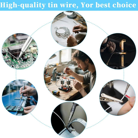 Montage of soldering uses with 63-37 Tin Lead Rosin Core Solder Wire For Electrical Soldering 0.6mm Diameter 50g Reel Pro Grade.