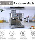 Top Shelf 20 Bar Semi Automatic Espresso Machine With Precision Burr Grinder And Adjustable Grind Size For Knockout Crema And Straight Fire Lattes Featuring Pid Temp Control 2.8 Liter Tank And Steam Wand front view on countertop.