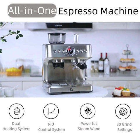 Top Shelf 20 Bar Semi Automatic Espresso Machine With Precision Burr Grinder And Adjustable Grind Size For Knockout Crema And Straight Fire Lattes Featuring Pid Temp Control 2.8 Liter Tank And Steam Wand front view on countertop.