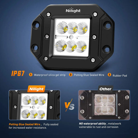 Two Pack 18W Flood LED Work Lights With Wide Beam Flush Mount Off Road Driving Light Bar Comparison With Waterproof Feature