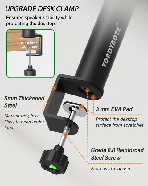 Close-up of screw-mounted clamp on Set Of 2 Dual Side Clamping Studio Monitor Stands For Desktop, Short Adjustable Speaker Stands.