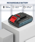 Rechargeable battery for Electric Toilet Plunger Heavy Duty Portable Battery Powered 80 PSI Clog Buster, shown with specs.