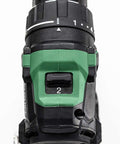 Close-up of Kickass 36V Brushless Cordless Drill controls showing torque settings for wood, steel, and aluminum use.