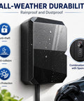 Badass Outdoor EV Charger Enclosure With Sturdy Pedestal Stand And Hella Secure Combination Lock For Garage Or Driveway Weatherproof Electric Vehicle Box showing rain droplets and lock features.