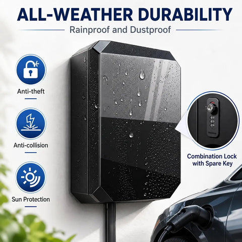Badass Outdoor EV Charger Enclosure With Sturdy Pedestal Stand And Hella Secure Combination Lock For Garage Or Driveway Weatherproof Electric Vehicle Box showing rain droplets and lock features.