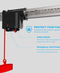 Close-up of Ultra Quiet Half HP Garage Door Opener with red safety cord and motor housing featuring chain drive mechanism.