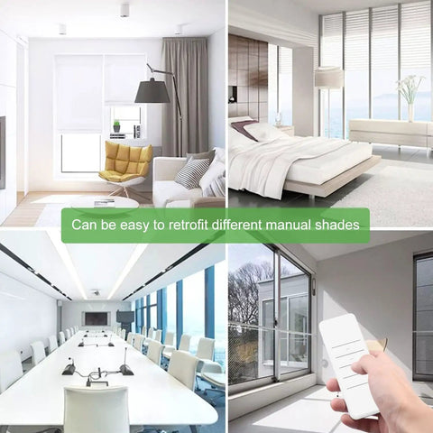 Roller Tubular Motor With Built In Battery No Wiring Required Wireless App Or Timer Control Alexa And Google Home Compatible Retrofit Blinds Motor For Clutch Shades Diy Install Three To Six Month Battery Life Smart Home Ready in various smart home settings demonstrating remote control capability.