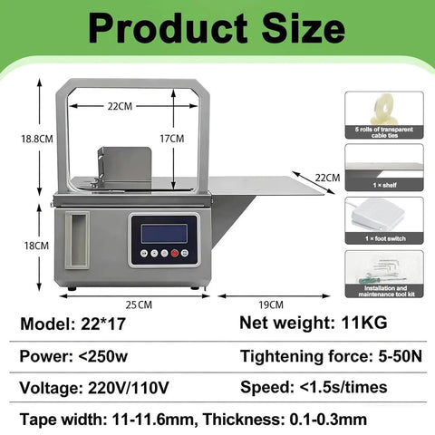 Semi Automatic Tabletop Bundling Machine That Kicks The Hassle Out Of Food Packaging And Produce Strapping For Busy Grocery Shops And High Volume Distribution Centers, product size specifications and features.