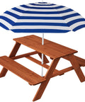 Wooden Kids Picnic Table With Umbrella For Backyard Play And Outdoor Fun Activity Table Set With Built In Benches 220 Lb Capacity Per Bench Hemlock Wood In Golden Brown And Navy Finish, featuring blue and white striped umbrella over wooden structure.