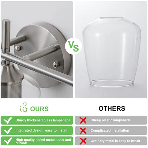 Comparison of Slick 3 Light Modern Bathroom Vanity Light Fixtures Over Mirror With Clear Glass Shade Nickel Brushed Finish Wall Sconce Lamp materials