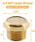 Single brass pneumatic sintered muffler silencer with 1/4 NPT male thread, dimensions labeled for compressed air lines
