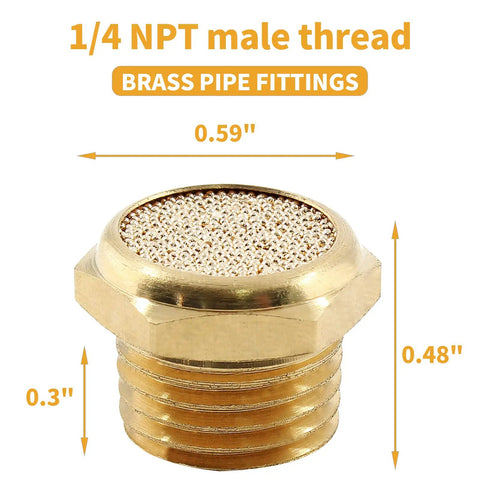 Single brass pneumatic sintered muffler silencer with 1/4 NPT male thread, dimensions labeled for compressed air lines