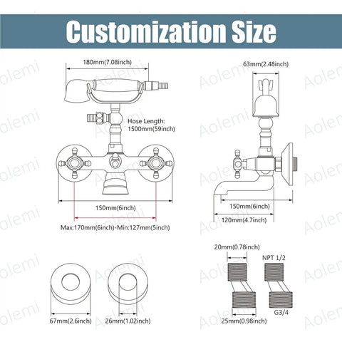 Diagram showing dimensions for Wall Mount Bathtub Faucet With Handheld Shower Chrome Finish featuring vintage design.