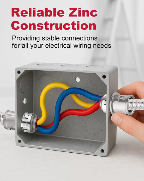 25 Piece Metal Cable Connectors For Three Eighth Inch Conduit Zinc Electrical Fittings in use with colorful wires in a junction box