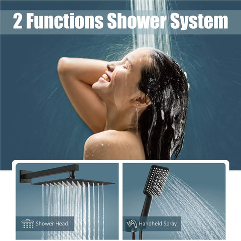 Woman enjoying 10 Inch Matte Black Rainfall Shower System With ABS Handheld 3 Functions All Metal Brass Construction Includes Rough In Valve