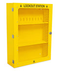 Heavy Duty Lockout Tagout Cabinet Wall Mount LOTO Storage Box Built Like A Tank With Twenty Two Shackle Holders Straight Up Safety Gear Made For Real Construction Jobs with yellow finish and glass door.