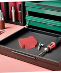 Snap On Aerosol Fire Extinguisher Housing 4 Pack For Heavy Duty Industrial Electrical Panels With No Sweat Snap Installs And Reliable Flame Knockout Coverage Protection in tool drawer with red component.