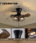 22" ceiling fan with retractable blades and cage design, featuring E26 bulb base, high-quality metal, dimensions marked.