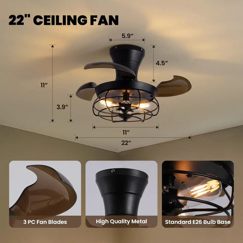 22" ceiling fan with retractable blades and cage design, featuring E26 bulb base, high-quality metal, dimensions marked.