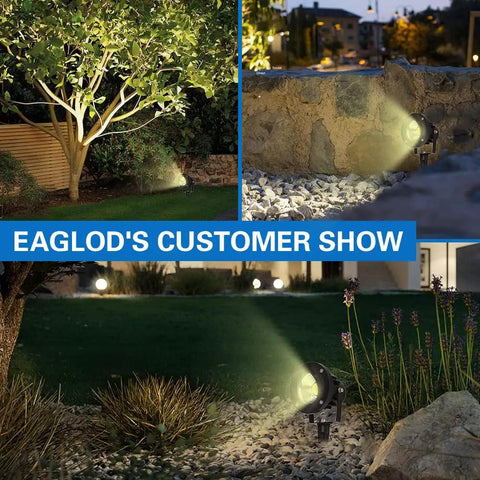 Image of a 20W Led Outdoor Landscape Spotlight Kit With Stake Waterproof 12V To 24V AC DC Low Voltage Garden Lighting illuminating trees in a garden.