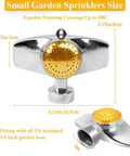 360 Degree Metal Spot Sprinkler For Small Gardens And Lawns, durable yellow metal sprinkler, 30 ft range, US hose fitting