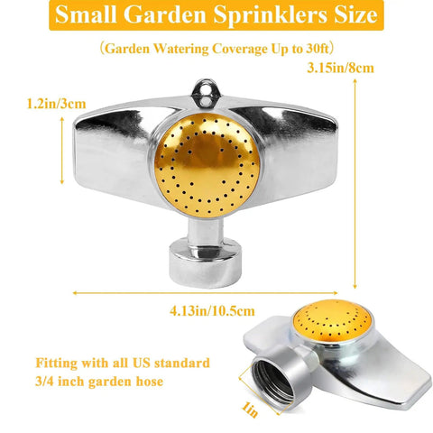 360 Degree Metal Spot Sprinkler For Small Gardens And Lawns, durable yellow metal sprinkler, 30 ft range, US hose fitting