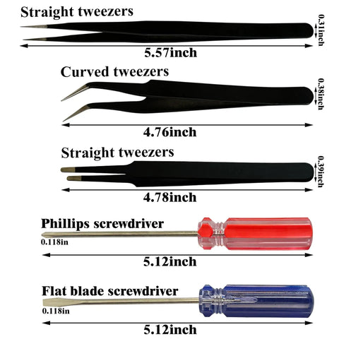 Straight and curved tweezers with screwdrivers from 36 Piece DIY Modeling Hobby Tool Kit For Dollhouses And Gundam Miniatures.