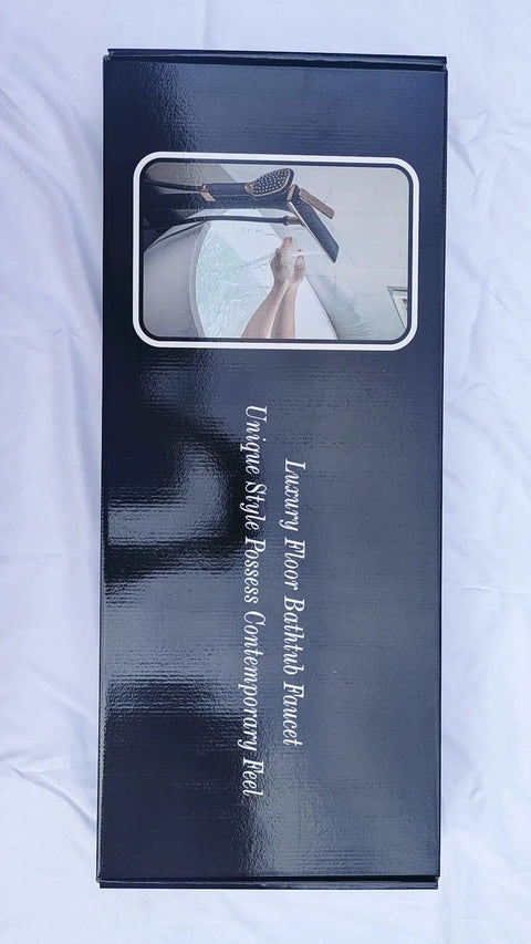 Box packaging of Floor Mounted Chrome Bath Tub Faucet For Clawfoot Tubs with image of faucet and handshower.