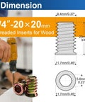 Heavy Duty Wood Threaded Inserts With Hex Drive Nuts For Quick DIY Furniture Repair Easy Install Quarter Inch By Twenty Threads Per Inch 20mm Length Zinc Plated Carbon Steel 28 Pack, shown with size dimensions and installation example.