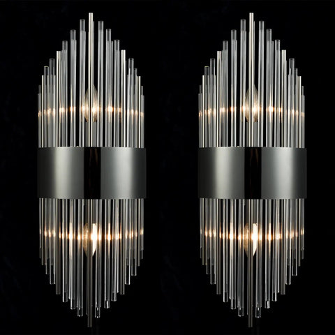 Two Light Modern Titanium Black Crystal Wall Sconces Set Of Two With Clear Glass Rods For Bath Hallway And Bedroom Lighting