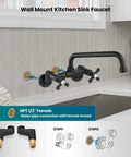 Wall Mount Kitchen Sink Faucet With Double Cross Handles, 360 Degree Rotatable Spout, 8 Inch Reach, 6 Inch Center Hole, Polished Chrome