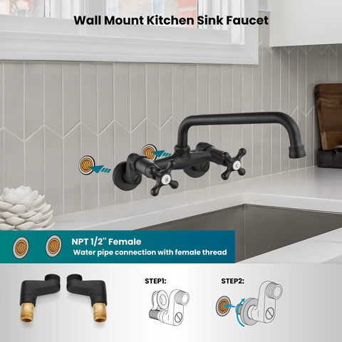 Wall Mount Kitchen Sink Faucet With Double Cross Handles, 360 Degree Rotatable Spout, 8 Inch Reach, 6 Inch Center Hole, Polished Chrome