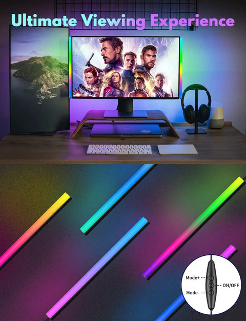 Two Pack RGB Under Monitor Lights With 353 Color Modes And Remote Control For PC Gaming Setup shown under monitor screen