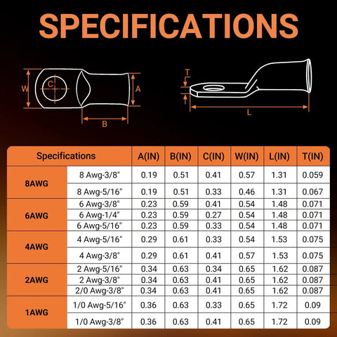 Specifications for the Ultimate 227 Piece Battery Terminal End Kit For Cars And Trucks with various wire gauges and dimensions.