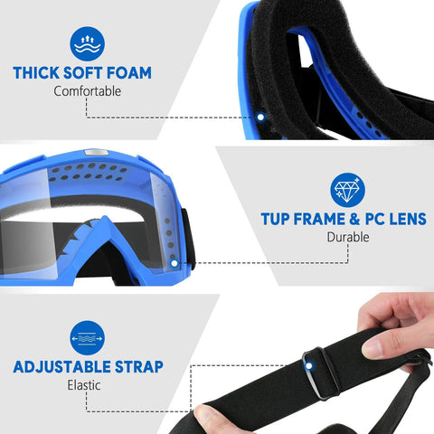 Heavy Duty 2 Pack Tactical Security Eyewear With Quick Snap Lenses For Operating Lawnmowers Dirtbikes Atv Vehicles Diy Workshops And Nerf Match Play Boss Level No Crack Shatter Resistant Sight Guard Shades Blue And Red featuring thick foam, durable TPU frame, and adjustable strap.