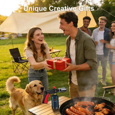 Group enjoying a barbecue with Heavy Duty Propane Culinary Torch For Grilling, Searing, Sous Vide, Camping And Welding - Adjustable Flame, Safety Shield, Extended Nozzle, High Flow Ignition, Easy Start, Built For Steak, BBQ, And Desserts (Tank Not Included) in foreground.