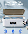 Top Shelf 49Khz Ultrasonic Cleaner With Roomy 650Ml Stainless Steel Tank and Digital Timer showing 3 cleaning modes and user interface.