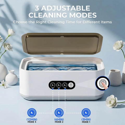 Top Shelf 49Khz Ultrasonic Cleaner With Roomy 650Ml Stainless Steel Tank and Digital Timer showing 3 cleaning modes and user interface.