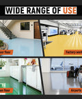 Different floors showcasing Rugged Concrete Garage Floor Paint, Acrylic Resin Coating, 1 Gallon Medium Gray in various settings.