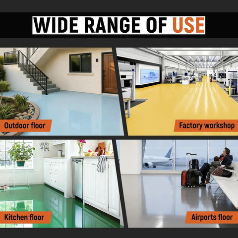 Different floors showcasing Rugged Concrete Garage Floor Paint, Acrylic Resin Coating, 1 Gallon Medium Gray in various settings.
