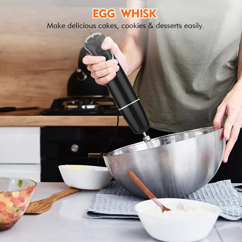 Slick Hands Down Game Changer 800 Watt Immersion Hand Blender with 12 Speeds and Turbo Boost in use, whisking in a stainless steel bowl.