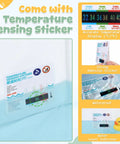 No Sweat Portable Folding Toddler Bathtub Equipped With Reliable Temperature Indicator Sticker And Swift Side Drain Valve For Effortless Rinsing And Compact Home Use with temperature sensing sticker detail.